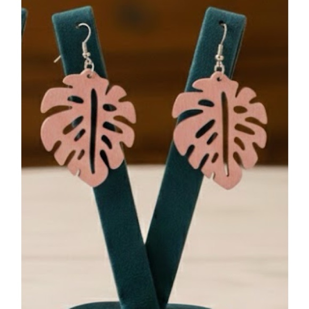 Handmade Wooden Pink Monstera Leaf-Shaped Earrings
